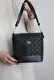 Women's Black Printed-Textured Bucket Model - Hand / Shoulder Crossbody Bag - Gold Accessory