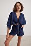 Women's Navy Blue Bat Sleeve Front Tie Shirt