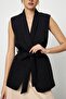 Belted Tuxedo Collar Black Women's Vest - 6