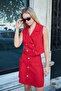 Women's Above Knee High Waist Front Buttoned Pocket Covered Lightweight Lycra Fabric Bell Skirt-Red - 4