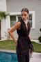 Belted Tuxedo Collar Black Women's Vest - 4