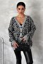 Women's Gray Leopard Pattern Oversize Knitwear Cardigan - 2