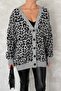 Women's Gray Leopard Pattern Oversize Knitwear Cardigan