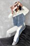 Women's White Denim-Detail Hooded Top and Bottom Set - 6