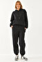Women's Black Kangaroo Pocket Hooded Top and Bottom Set Mbhs014 60601014