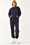 Women's Navy Blue Kangaroo Pocket Hooded Top and Bottom Set Mbhs014 60601014