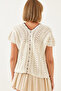 Women's Ecru Burgundy Short Sleeve Openwork Knitwear Cardigan 20246209 - 3