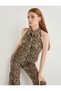Leopard Denim Blouse Buttoned Shirt Collar Pocketed Open Back Sleeveless