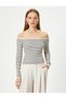 Long Sleeve Boat Neck Off-The-Shoulder Striped Knitwear Sweater - 3