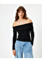 Floor Detailed Ribbed Long Sleeve Knitwear Off-The-Shoulder Sweater - 3