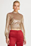Laras High Collar Sequined Long Sleeve Gold Color Evening Dress Blouse - 2