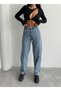 Women's Blue Snow Wash Color High Waist Skater Fit Loose Cut Baggy Denim