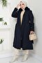 Fur Collared Cashmere Coat with Ribbed Detail Navy Blue Hm2576 - 3