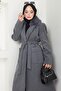 Fur Collared Cashmere Coat with Ribbed Detail, Smoked Hm2576 - 3