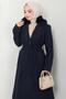 Fur Collared Cashmere Coat with Ribbed Detail Navy Blue Hm2576 - 2
