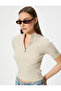 Short Sleeve Textured Half Zipper Polo Neck Knitwear Sweater - 2