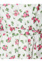 Midi Length Floral Dress with Chiffon Ruffles, Belted Waist, Asymmetrical Cut, V-Neck - 6