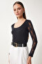 Sandy Knitted Blouse - U Collar, Lace, Black, Len0016 - 2