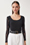 Sandy Knitted Blouse - U Collar, Lace, Black, Len0016 - 3