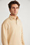 JOHN Men's Polo Sweat Shirt Collar Long Slit Back Diagonel Fabric Beige Sweatshirt - 5