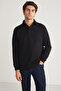 JOHN Men's Polo Sweat Shirt Collar Long Slit Back Diagonel Fabric Black Sweatshirt