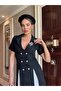 Women's Black Imported Tweed Sand Brooch Detail Pleated Lined Special Design Jacket Dress - 5
