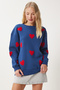 Heart Textured Knitted Sweatshirt Dark Blue Lmp0004