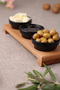 Glossy Black Ceramic Sauce Bowl with Wooden Stand, Jam Bowl - Set of 3 - 3