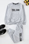 Gri Melanj Slogan Baskılı Örme Erkek Çocuk Sweatshirt ve Eşofman İnce Alt-Üst Takım TKDAW25AU00149 - 2