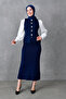 Modest Buttoned Sleeveless Vest and High Waist Midi Skirt Bottom Top Navy Blue Knitwear Set 5155 - 7