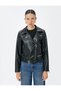 Faux Leather Jacket Zippered Double Breasted Pocket - 3