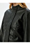 Zippered Pocketed Stand Collar Crop Faux Leather Jacket - 6