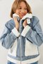 Women's Blue Belt Detailed Furry Denim Coat 2438 60251947 - 4