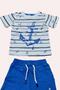Baby Boy Anchor Printed Short Sleeve Striped T-Shirt Blue Shorts Set - 3