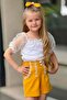 Girl's Square Collar Transparent Detailed Mustard Shorts Set