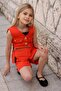 Girls' Button and Pocket Detailed Sleeveless Vest Combed Cotton Blouse Orange Shorts Suit - 5