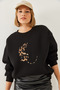 Women's Black Leopard Printed Three Thread Ribbed Sweatshirt 60351105 - 3