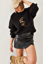Women's Black Leopard Printed Three Thread Ribbed Sweatshirt 60351105 - 2