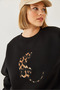 Women's Black Leopard Printed Three Thread Ribbed Sweatshirt 60351105 - 4