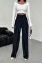 Women's Navy Blue High Waist Pleated Buttoned Lycra Stretch Fabric Oversize Comfortable Fit Palazzo Pants - 6