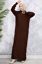 11028-09 Corded Knitwear Dress with Zippered Collar Brown - 5