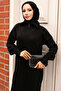 11028-09 Corded Knitwear Dress with Zippered Collar Black - 2