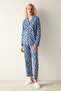 Leopard Printed Long Sleeve Navy Blue Shirt Pajama Set - 2