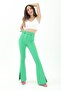 Belted Flare Leg Atlas Fabric Trousers with Side Slits - Green - 2