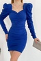 Women's Sweetheart Collar Gathered Design Padded Princess Sleeves Cobalt Blue Mini Evening Dress 581914 - 4