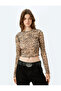 Slim Fit Crew Neck Long Sleeve Snake Skin Printed Crop T-Shirt - 3