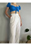 Women's White High Waist Linen Palazzo Pants - 4