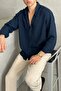 قميص بمظهر الكتان للرجال، قصة واسعة / فضفاضة (أوفرسايز)