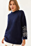 Women's Navy Blue Ecru Patterned Sleeves Knitwear Sweater 20234922 - 4