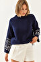 Women's Navy Blue Ecru Patterned Sleeves Knitwear Sweater 20234922 - 2